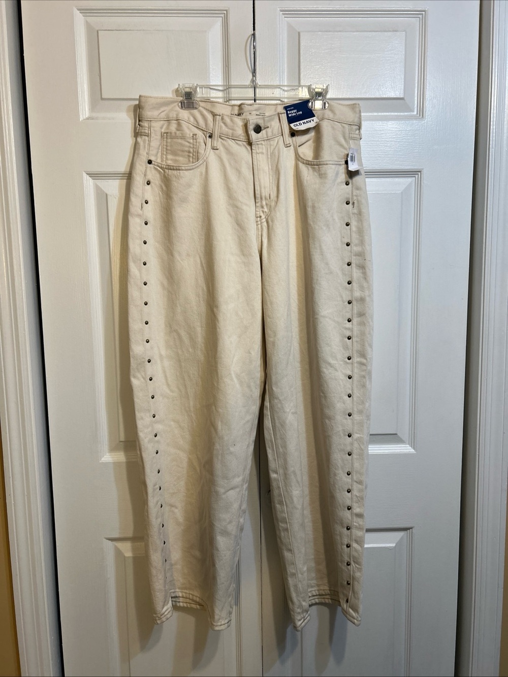 NWT Old Navy Studded Denim Jeans Size 12 L High Rise Baggy Wide Leg Crème Ecru